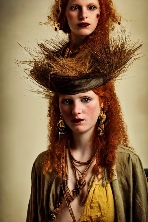 Prompt: 19th Century Barbary Coast pirate beautiful female model with amazing Ginger hair and Golden hooped earrings photography by Steve McCurry