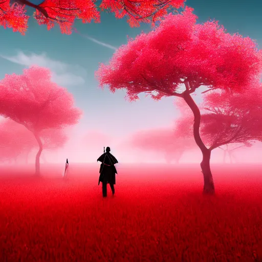 Prompt: lone samurai in dreamy ethereal red forest landscape, in the style of wlop, 8 k masterpiece, cinematic lighting, pristine clean design, high fantasy, insanely detailed, atmospheric