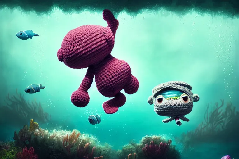 Image similar to a baby crochetbunny diving underwater. cute, illustration, digital art, inspired by little big planet, by greg rutkowski, sharp, masterpiece, highly detailed, photorealistic, octane render, 8 k, unreal engine 5, trending on artstation, vivid colors