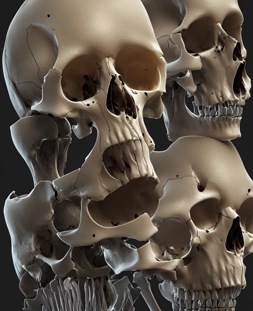 Image similar to composition of human skulls, animals skulls, bones, rib-cage and orchids, bioluminiscent, by Tooth Wu and wlop and beeple. octane render, trending on artstation, greg rutkowski very coherent symmetrical artwork. cinematic, hyper realism, high detail, octane render, 8k