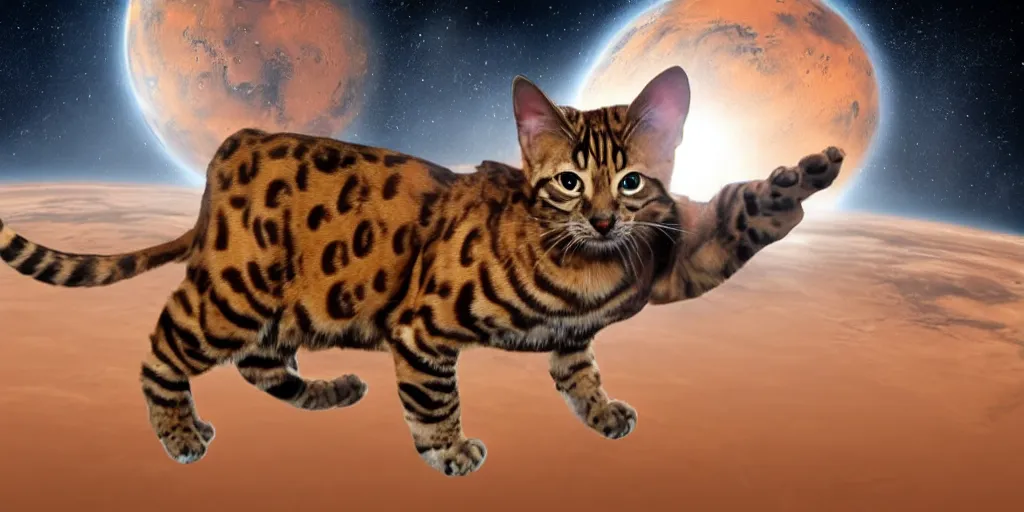 Image similar to bengal cat flying open space in space suit to the mars, cinematic, ultra realistic