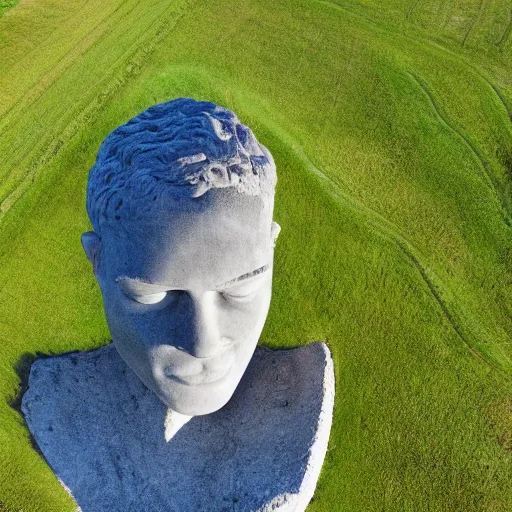 Prompt: gigantic weird concrete head bust in the middle of a field, aerial view, realistic, by origiful, 4 k