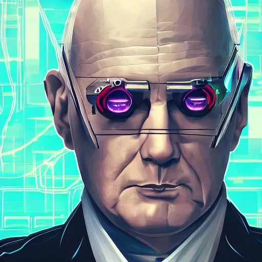 Image similar to cyberpunk nikita krushchev as the leader of a futuristic communist nation, cybernetics, sharp lines, digital, artstation, colored in