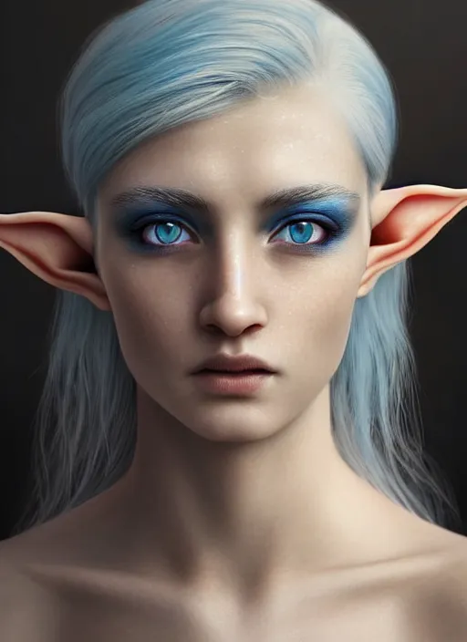 Prompt: a photorealistic portrait, black background, stunningly beautiful fantasy elf. professionally retouched, soft lighting, hyper realistic, smooth face, white skin, beautifully detailed blue eyes, white hair, pointed ears, wide angle, sharp focus on the eyes, 8 k high definition, 6 4 megapixels, insanely detailed, elegant, beautiful, art by artgerm and wlop