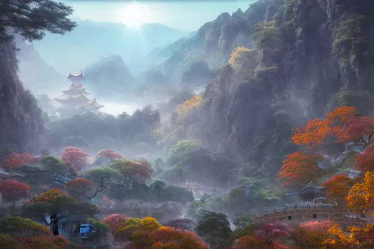 Prompt: A large glowing Chinese temple, daybreak morning lighting, amazing cinematic concept painting, by Jessica Rossier, Gleaming White, overlooking a valley, Himeji Rivendell Garden of Eden, autumn maples, wildflowers and grasses, terraced orchards and ponds, lush fertile fecund, fruit trees, by Brian Froud by Beksinski