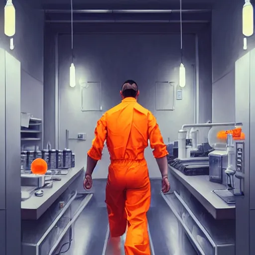 Prompt: a man in an orange jumpsuit running through a laboratory,digital art,art by greg rutkowski,ross tran,artstation,deviantart,photorealistic,hyperdetailed,detailed face,dramatic,cinematic,high quality,studio photograph