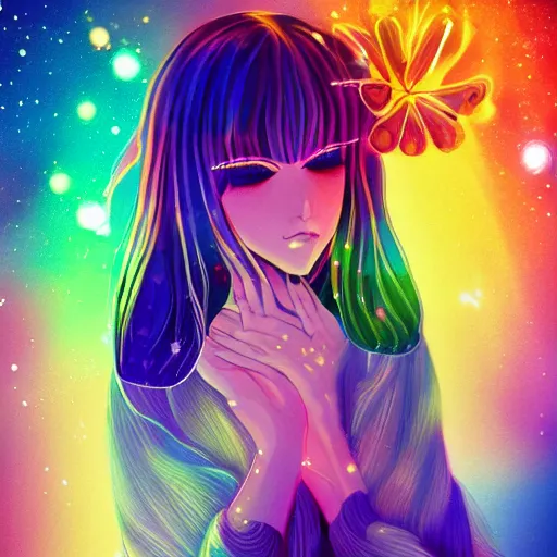 Image similar to psychedelic, whimsical, anime, 4k, beautiful intimate woman with professional makeup, long trippy hair, a crystal and flower dress, bathing in a reflective pond, underneath the stars, rainbow fireflies, trending on patreon, deviantart, twitter, artstation, volumetric lighting, heavy contrast, art style of Ross Tran and Ilya Kuvshinov