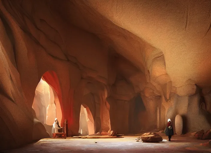 Image similar to a mosque inside a cave, red iranian rug, holy by caspar david friedrich by james gilleard and justin gerard, artstation, smooth, sharp focus, by jean baptiste, octane render