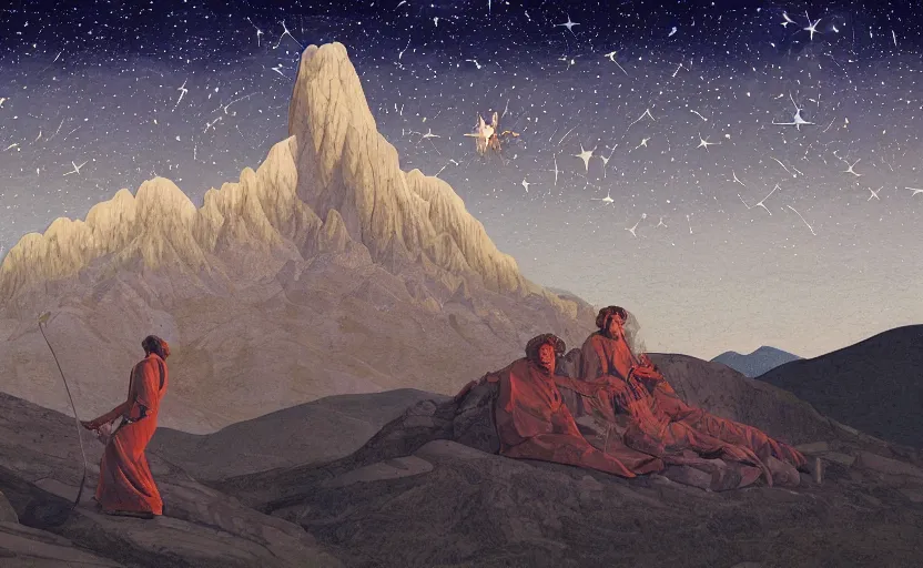 Prompt: mountains, stars and paisley filled sky, artstation, intricate, highly detailed, digital painting, concept art, sharp focus, illustration by Michael Whelan and Piero della Francesca