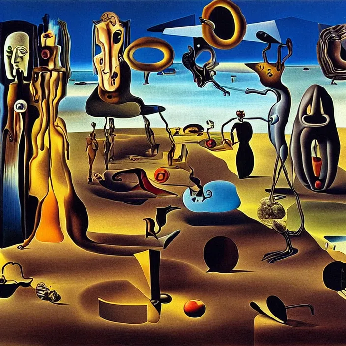 Image similar to a group of characters and random objects in a surreal environment by salvador dali