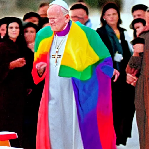 Image similar to John Paul II wearing a lgbt colored robe