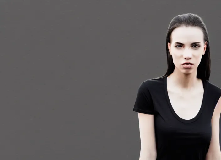 Image similar to clear photorealistic mockup product photograph of a blank black tshirt on an attractive female model in front of an urban background