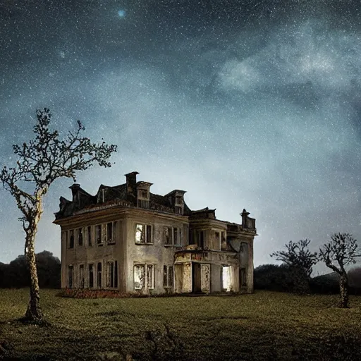 Prompt: an abandoned mansion on a hill at night with stars, by lee madgwick and bastien lecouffe