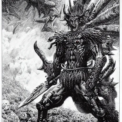 Image similar to arnold swarchenegger with giant sword fights ugly demon, intricate detailed dark fantasy art by kentaro miura, gustave dore, jean giraud, philippe druillet