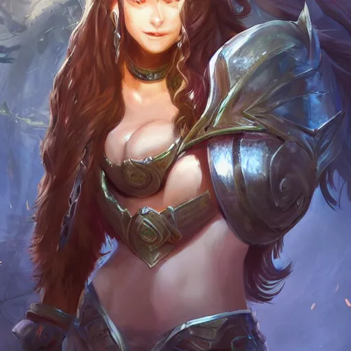 Image similar to a beautiful woman warrior long hair. wearing black leather armor. holding a spoon. league of legend concept art champion. dogital art. award winning high definition
