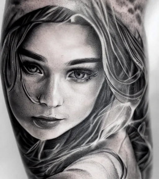 Image similar to a beautiful girl faded in a mountain background, in the style of den yakovlev, black and white, realism tattoo, hyper realistic, highly detailed