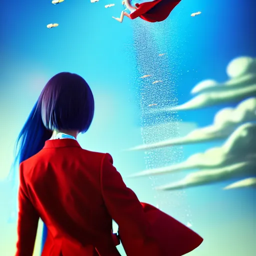 Prompt: giant droplets of water floating around a flying girl with wings, sky blue straight hair, low - angle shot from behind, red tailcoat, high collar, ultra fine detail, dark theme, digital painting, psychedelic, film still, cinematic, wlop, ilya kuvshinov, ross tran