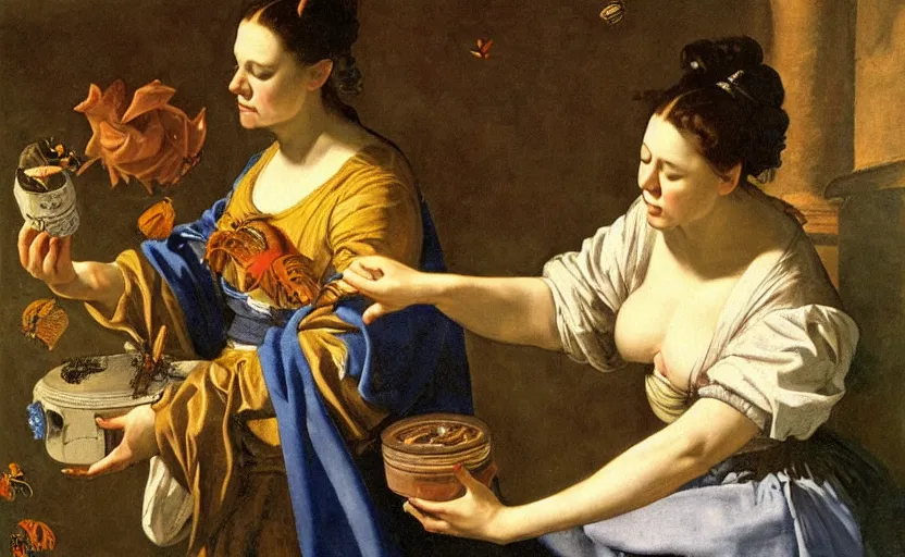 Prompt: a painting of pandora opening her jar, releasing insects and critters that impersonate sickness and death, misery, she is fully dressed she is wearing robes in the style of realism and a masterpiece by artemisia gentileschi