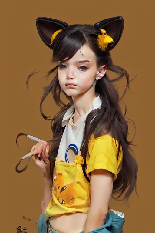 Image similar to girl with brown hair, short horns, long animal ears, a yellow t - shirt and blue overalls, geisha art portrait, illustration by ross tran, bo chen, toni infante, rebecca oborn, michael whelan, trending on artstation cgsociety hq