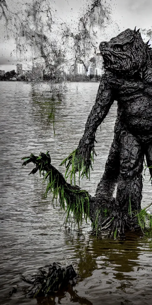 Prompt: a massive swamp monster emerging from Lake Merritt in Oakland CA, wide shot, water splashing, epic VFX shot, full color, trash, Sony 14mm f2.8, low angle, creature, cinematic