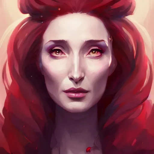 Image similar to a beautiful portrait of nubile melisandre, concept art by pete mohrbacher and guweiz and ilya kuvshinov, digital art, highly detailed, intricate, sharp focus, trending on artstation hq, deviantart, unreal engine 5, 4 k uhd image