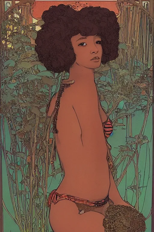 Image similar to a beautiful illustration of an african godess model girl with short hair, bikini, she's sad by mucha and moebius and geof darrow, sunset, street of hong kong, cinematic light, very detailed, depressing atmosphere, cover magazine
