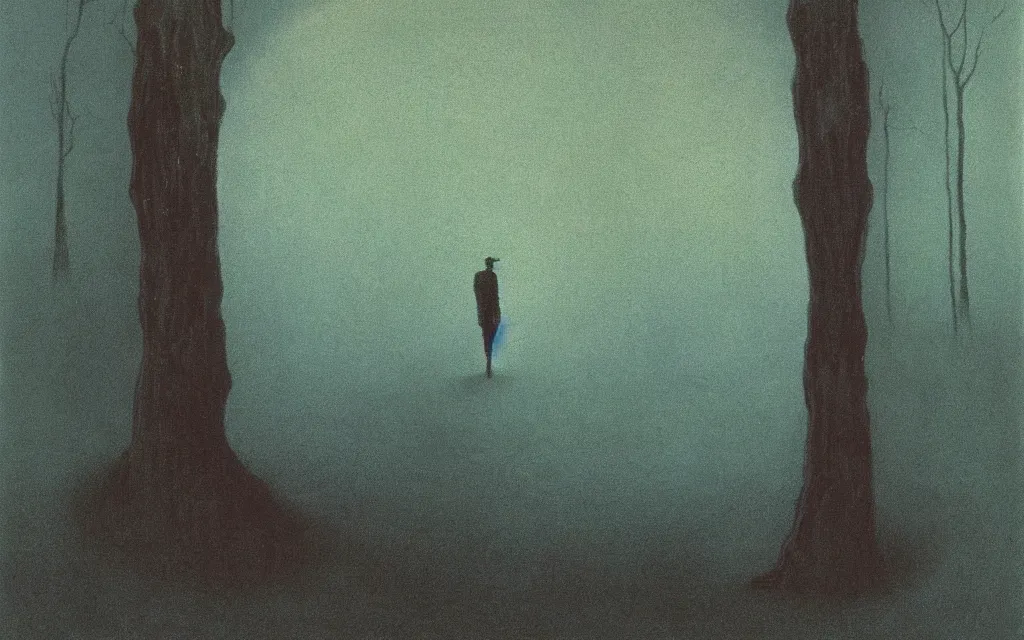 Image similar to colorized movie still from The Cabinet of Doctor Caligari: a ghost walking alone at night in the woods, oil painting by zdzisław beksiński, iridescent color palette chromatic aberration