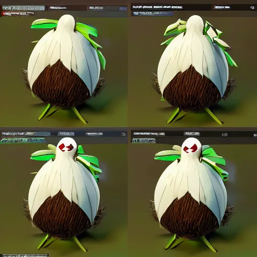 Image similar to A pokemon that looks like a coconut, which splits in half into wings,Trending on art station. Unreal engine.