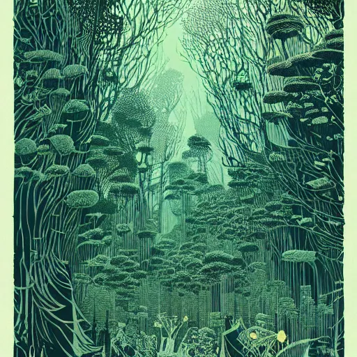 Image similar to linocut print of fantasy forest, amazing art, highly detailed, intricate, color, masterpiece, by victo ngai, craig mullins