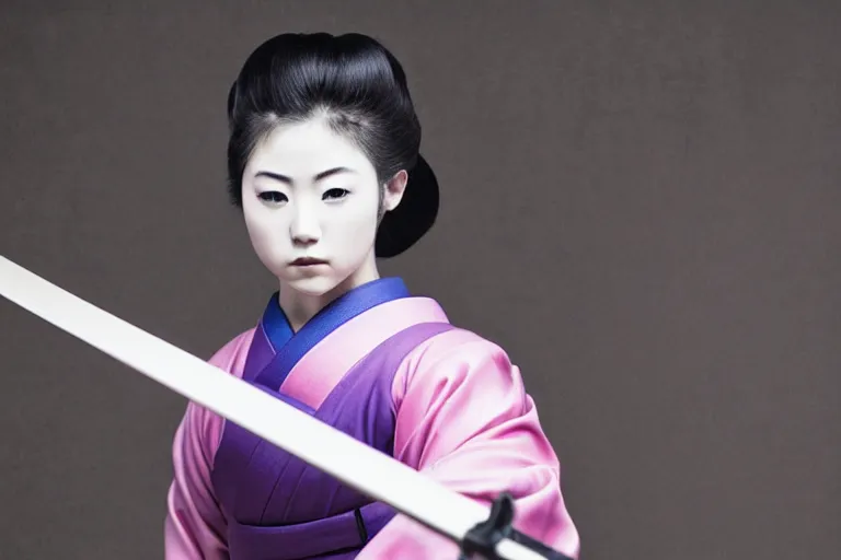 Image similar to beautiful photo of a young modern geisha samurai practising the sword in a traditional japanese temple, mid action swing, symmetrical face, beautiful eyes, huge oversized sword, award winning photo, muted pastels, action photography, 1 / 1 2 5 shutter speed, dramatic lighting, anime art style