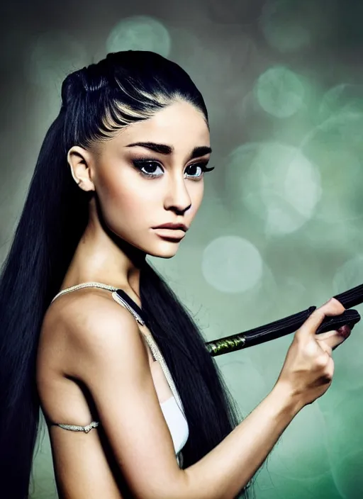 Image similar to highly detailed beautiful photo of a mix of ariana grande and madison beer as a female samurai, practising sword stances, symmetrical face, beautiful eyes, emerald - green hair, realistic anime art style, 8 k, award winning photo, pastels colours, action photography, 1 / 1 2 5 shutter speed, sunrise lighting