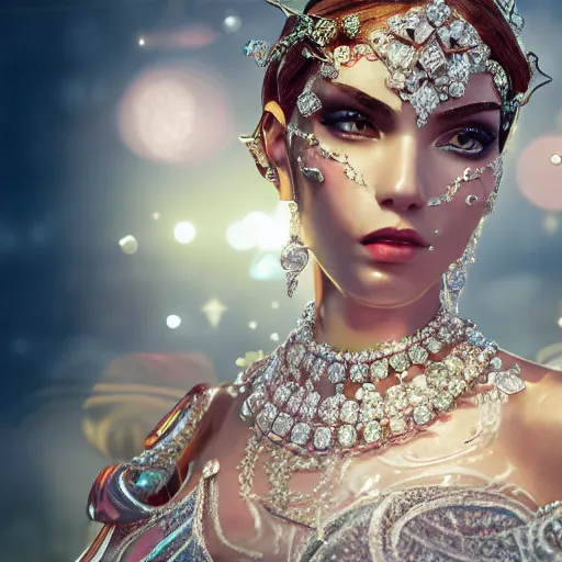 Prompt: portrait of pretty princess with perfect skin, glowing, ornate and intricate diamond jewelry, jaw dropping beauty, glowing backdrop, white accent lighting, hyper detailed, 4 k octane render