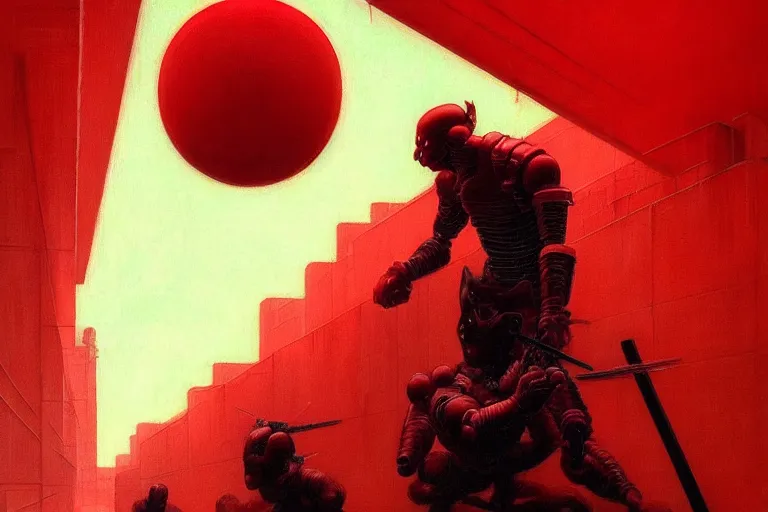 Image similar to only with red, a red cyborg samurai, tokio futuristic in background, some evil yokai, in the style of beksinski, parts by edward hopper, parts by rodcenko, parts by yue minjun, intricate and epic composition, red by caravaggio, insanely quality, highly detailed, masterpiece, red light, artstation, 4 k