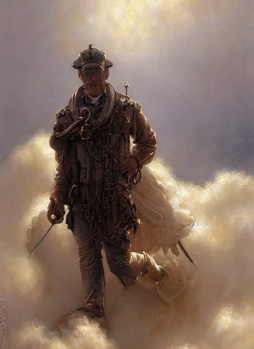 Image similar to A telemarketer walking out of of misty steam clouds, intricate, elegant, highly detailed, donato giancola, Joseph Christian Leyendecker, WLOP, Boris Vallejo, Artgerm