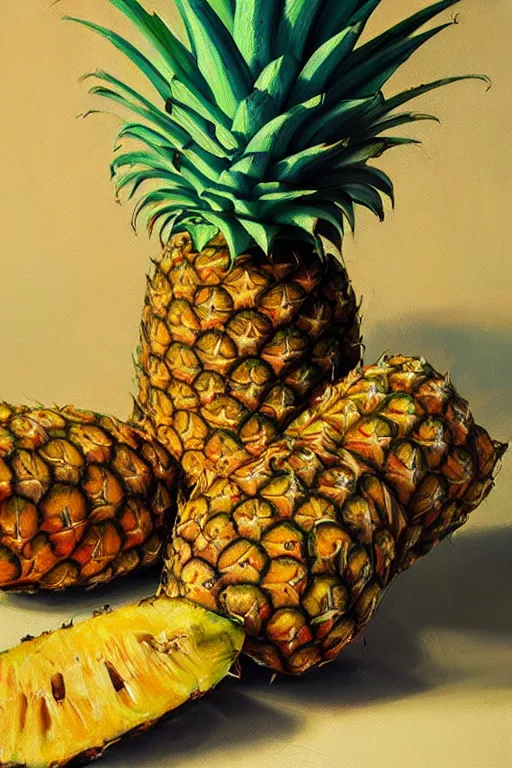 Image similar to A beautiful still life oil painting of pineapples lying on a silk cloth, fog, volumetric lighting, summer, hyperrealistic, colorful, hyperdetailed.