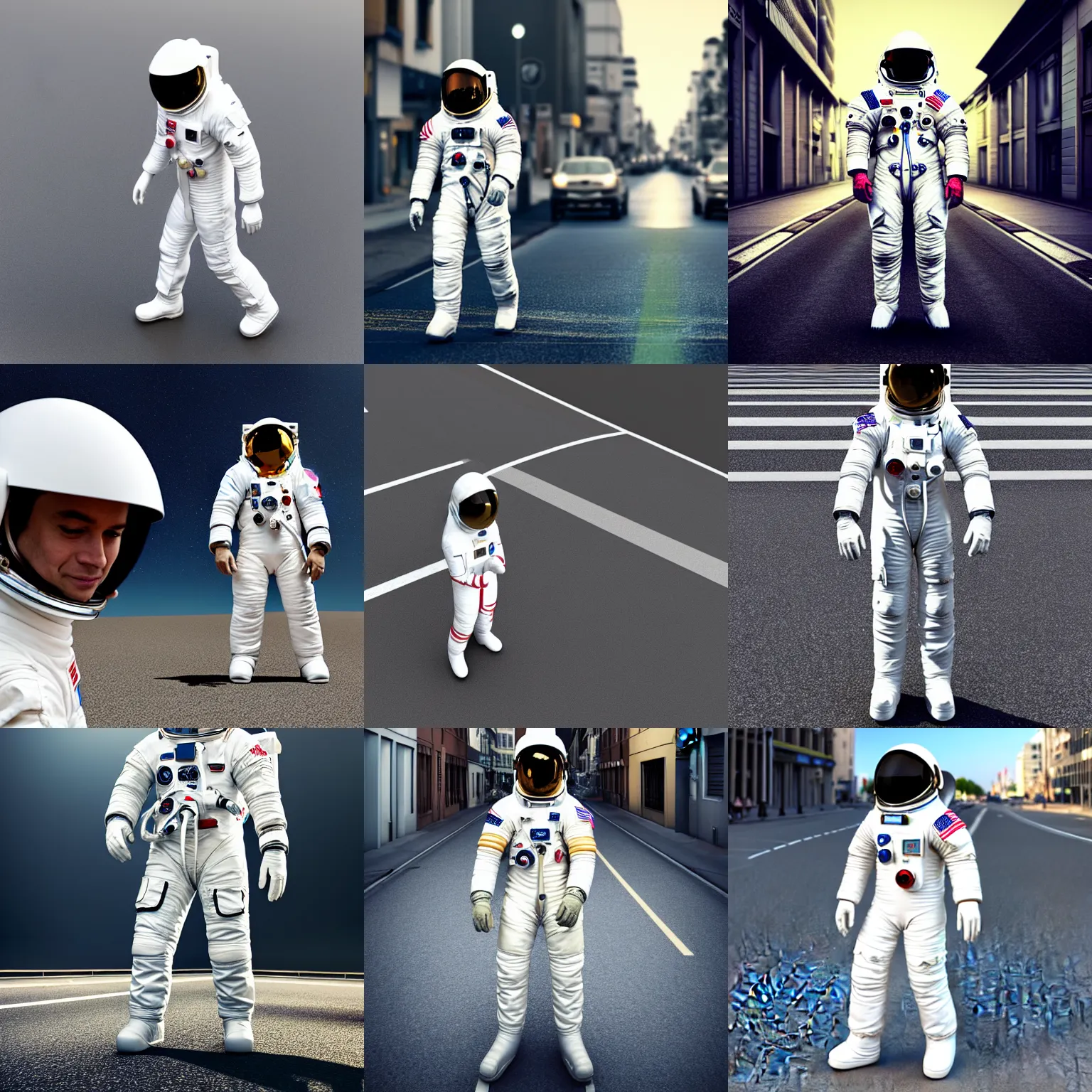 Prompt: an astronaut named jake standing on the street with street atmosphere. a white 3 legged horse named prie is on the head of the astronaut. the object pire is on the helmet of the human. prie physically above jake the astronaut. minimalist style, 3 d render.