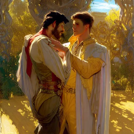 Image similar to attractive fully clothed king confesses his love for his attractive fully clothed male prince. highly detailed painting by gaston bussiere, mark brooks, j. c. leyendecker, craig mullins