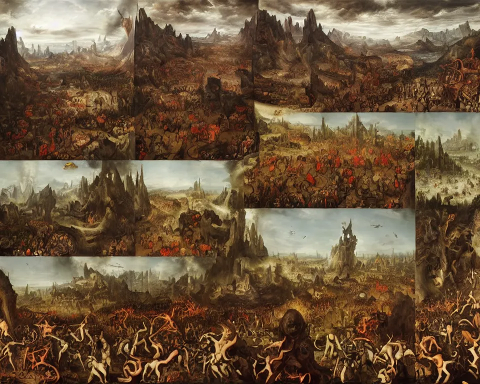 Image similar to doom eternal by jakub rozalski, garden of eternal delights hell by hieronymus bosh, zoom on triumph of death by pieter brueghel, doom eternal by hieronymus bosh