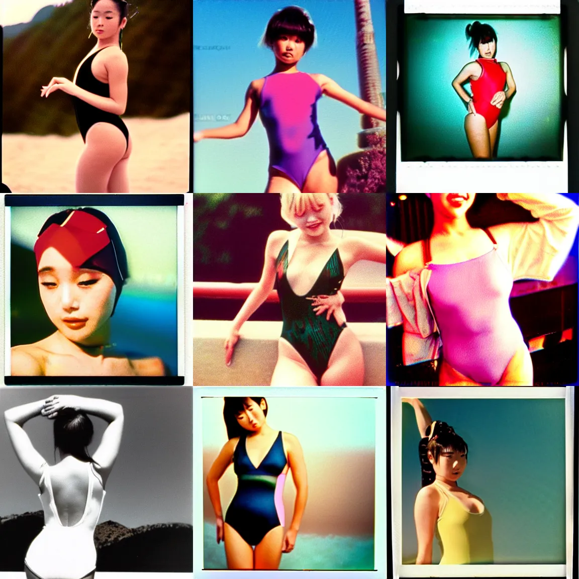 Image similar to epic, cinematic 1 9 9 0 s film still movie shot of a japanese idol wearing leotard swimsuit. instagram photo at behance, polaroid kodak portra, hollywood