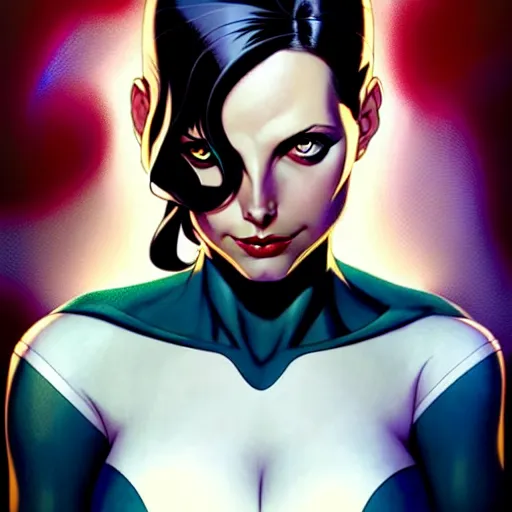 Image similar to artgerm, joshua middleton comic cover art, pretty sarah michelle gellar superhero, asymmetrical black oval spot covering left eye from eyebrow to cheek, left eye only, very pale white skin, no spot right eye, white around right eye