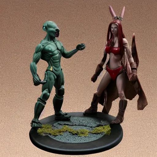 Image similar to 80mm resin detailed miniature of a Alien fighting a Female warrior, Product Introduction Photos