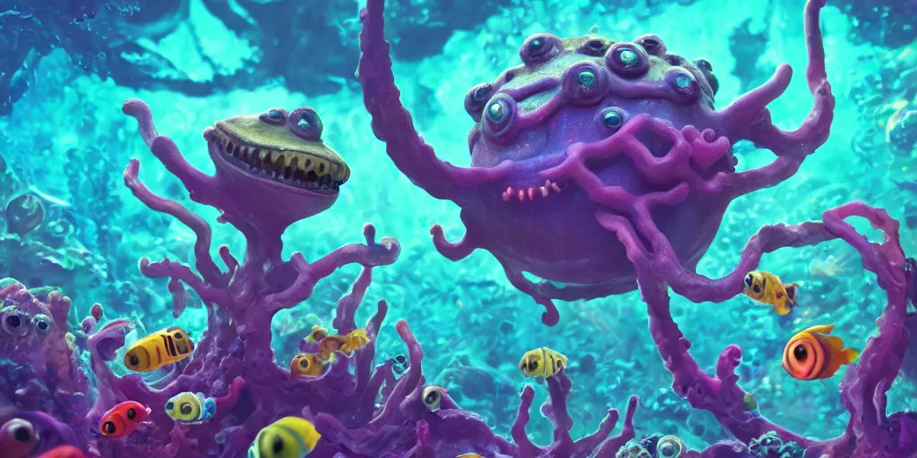 Image similar to of a colorful deep sea under water with strange cute friendly happy creatures with huge eyes, mouth, long tongue and round teeth appearing from sandy coral, in the style of gehry and gaudi, macro lens, shallow depth of field, ultra detailed, digital painting, trending artstation, concept art, illustration, cinematic lighting, photorealism, epic, octane render