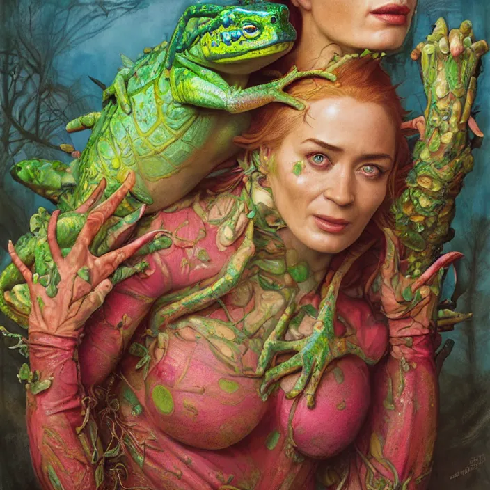 Image similar to a portrait photograph of emily blunt as a brightly colored amphibian hybrid with wet mutated skin. wearing a cactsuit many body modifications. by tom bagshaw, donato giancola, hans holbein, walton ford, gaston bussiere, brian froud, peter mohrbacher and magali villeneuve. 8 k, cgsociety