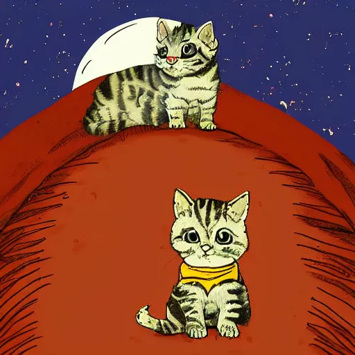 Image similar to A cartoon illustration of a fuzzy picky face kitten sitting on the top of planet earth, digital art, in the style of Hayao Miyazak