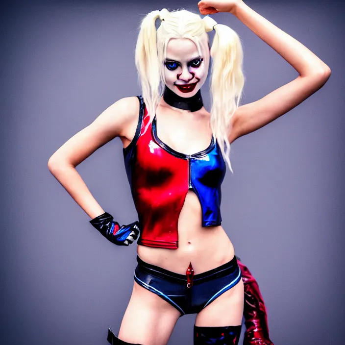 Prompt: fully body pose, photo of a very beautiful!! victoria secret model, harley quinn, raining, 8 k, hdr, smooth, sharp focus, high resolution, award - winning photo, trending on artstation, dslr, 5 0 mm