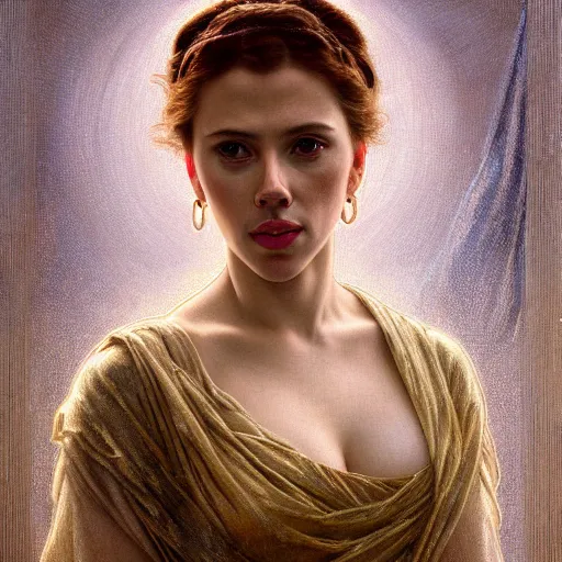 Image similar to highly detailed oil painting | very intricate | cinematic lighting | award - winning | the beautiful scarlett johansson wearing a flowing toga | by godward, by tom bagshaw, by j. c. leyendecker and klimt, beautiful cinematic light, american romanticism, by alphonse mucha, artstation, cgsociety, official art, octane