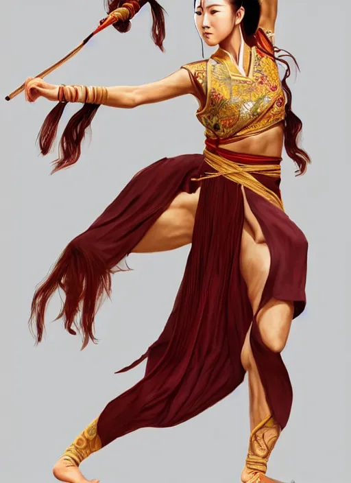 Image similar to full body portrait of a barefoot female dancer using a silk belt as weapon, barefoot, tanned skin, athletic, vivacious, hanfu, fully clothed, absurdly beautiful, chinese ribbon dance, silk belt, scorpion whip, wuxia, battle, detailed, anatomically accurate, fantasy illustration, drawn by wlop, artstation.