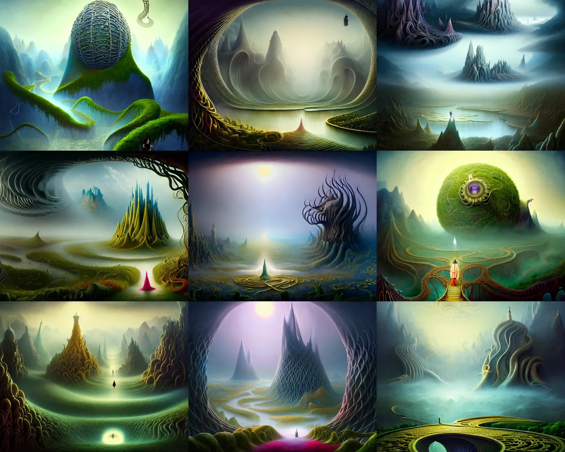 Prompt: a beguiling epic stunning beautiful and insanely detailed matte painting of the impossible winding path through the land of the spirits beyond the veil with surreal architecture designed by Heironymous Bosch, mega structures inspired by Heironymous Bosch's Garden of Earthly Delights, vast surreal landscape and horizon by Asher Durand and Cyril Rolando and Natalie Shau, masterpiece!!!, grand!, imaginative!!!, whimsical!!, epic scale, intricate details, sense of awe, elite, wonder, insanely complex, masterful composition!!!, sharp focus, fantasy realism, dramatic lighting