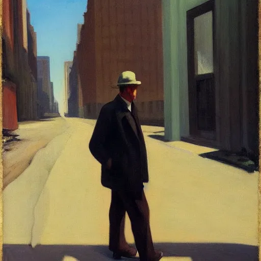 Prompt: oil painting of a man wandering the abandoned streets of an overgrown city, edward hopper.