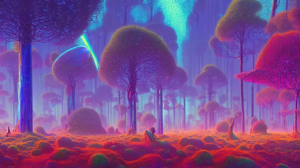 Prompt: highly detailed holographic iridescent sci fi world with forests, blue fireflies, deserts, oceans, at dusk, by gilbert williams, by simon stalenhag, by beeple, by bruce pennington, by moebius, juxtapoz, dynamic composition, octane render, with many different pastel shades of blue pink orange yellow green, beautiful lighting, prismatic